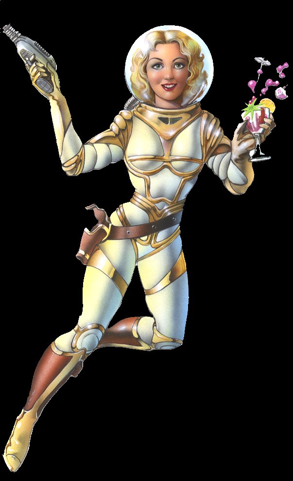 Selena of the Spaceways from Fed2 space trading game, comes equipped for all occasions - a drink and a gun!
